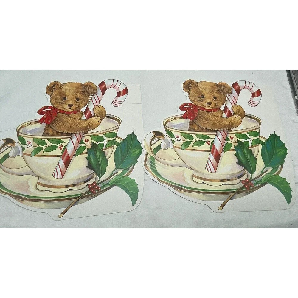 Vintage 2 Paper Magic Group Candy Cane Bear In Tea Cup Christmas Decoration 10”